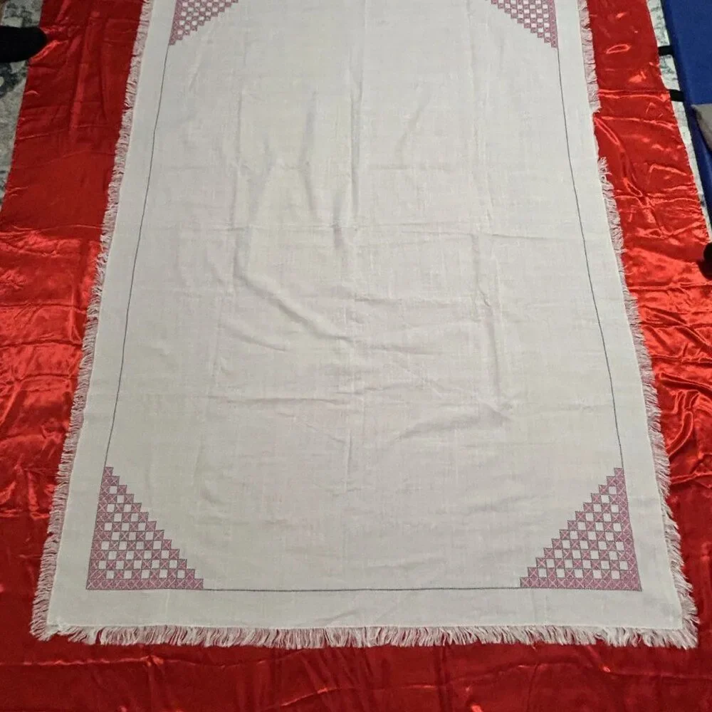 Handmade TableCloth Geometric Embroidery 62 x 85 inches Pink, Black & White